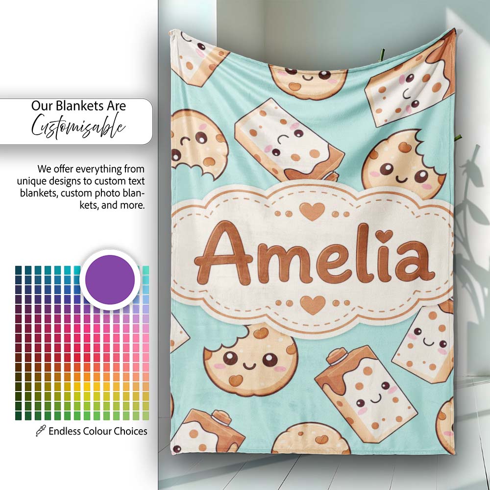 Cute Kawaii Cookies and Milk Cartons on Mint Background Seamless  Personalised Custom Name Super Soft Fleece Blanket Bed Sofa Throw