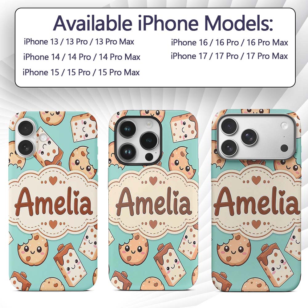 Cute Kawaii Cookies and Milk Cartons on Mint Custom Name Protective Phone Case Mobile Cover Durable Everyday Smartphone Shock Resistant