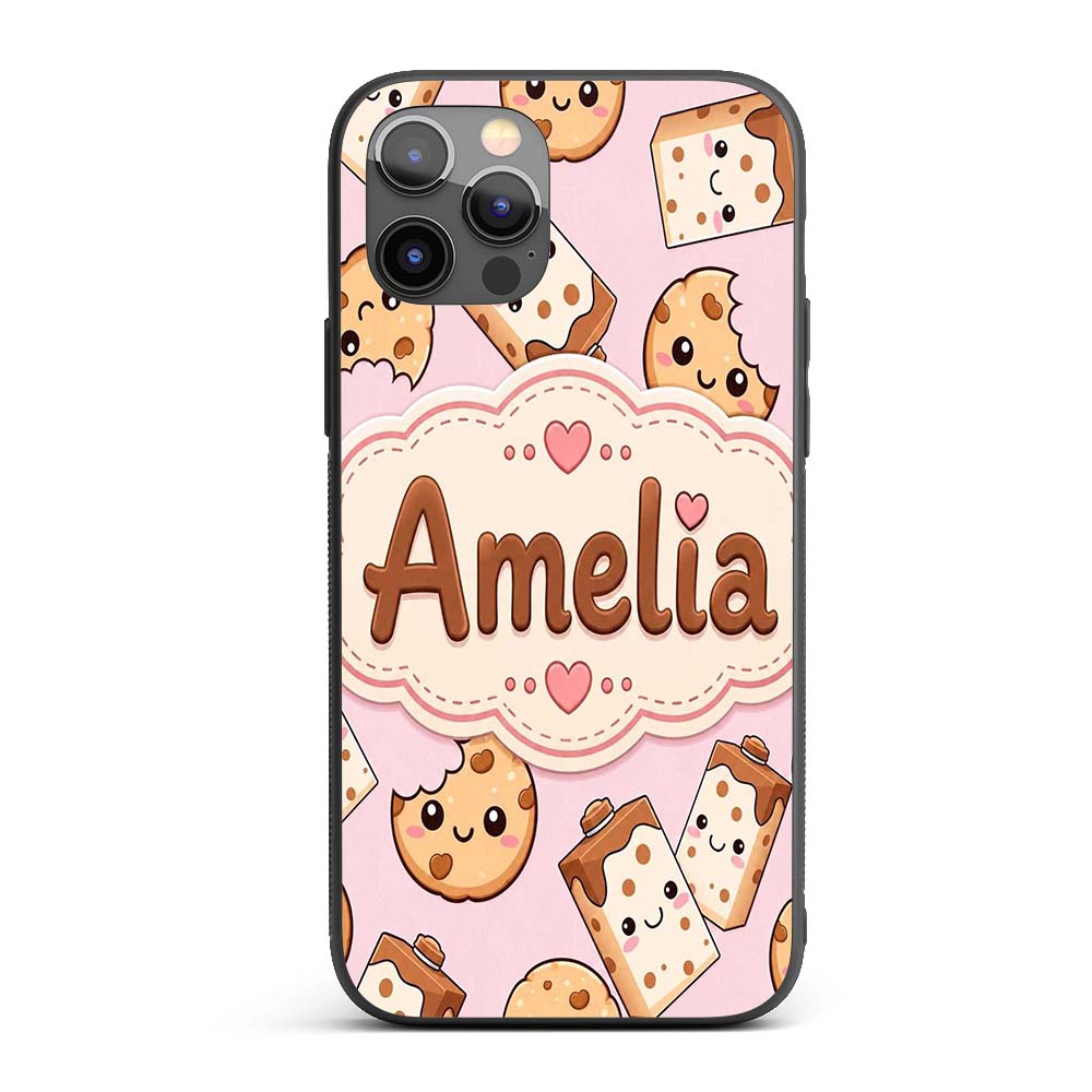 Cute Kawaii Cookies and Milk Cartons on Pink Custom Name Protective Phone Case Mobile Cover Durable Everyday Smartphone Shock Resistant