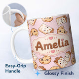 Personalized Custom Name Cute Kawaii Cookies and Milk Cartons on Pink Background Seamless 11oz Ceramic Coffee Tea Mug White Large Handle