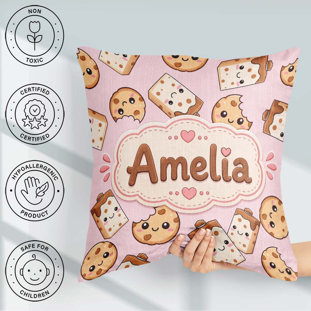 Custom Name Cookies and Milk Cartons on Pink Background Seamless Square Filled Cushion Throw Pillow Sofa Bed Home Decor Zip Washable UK Made