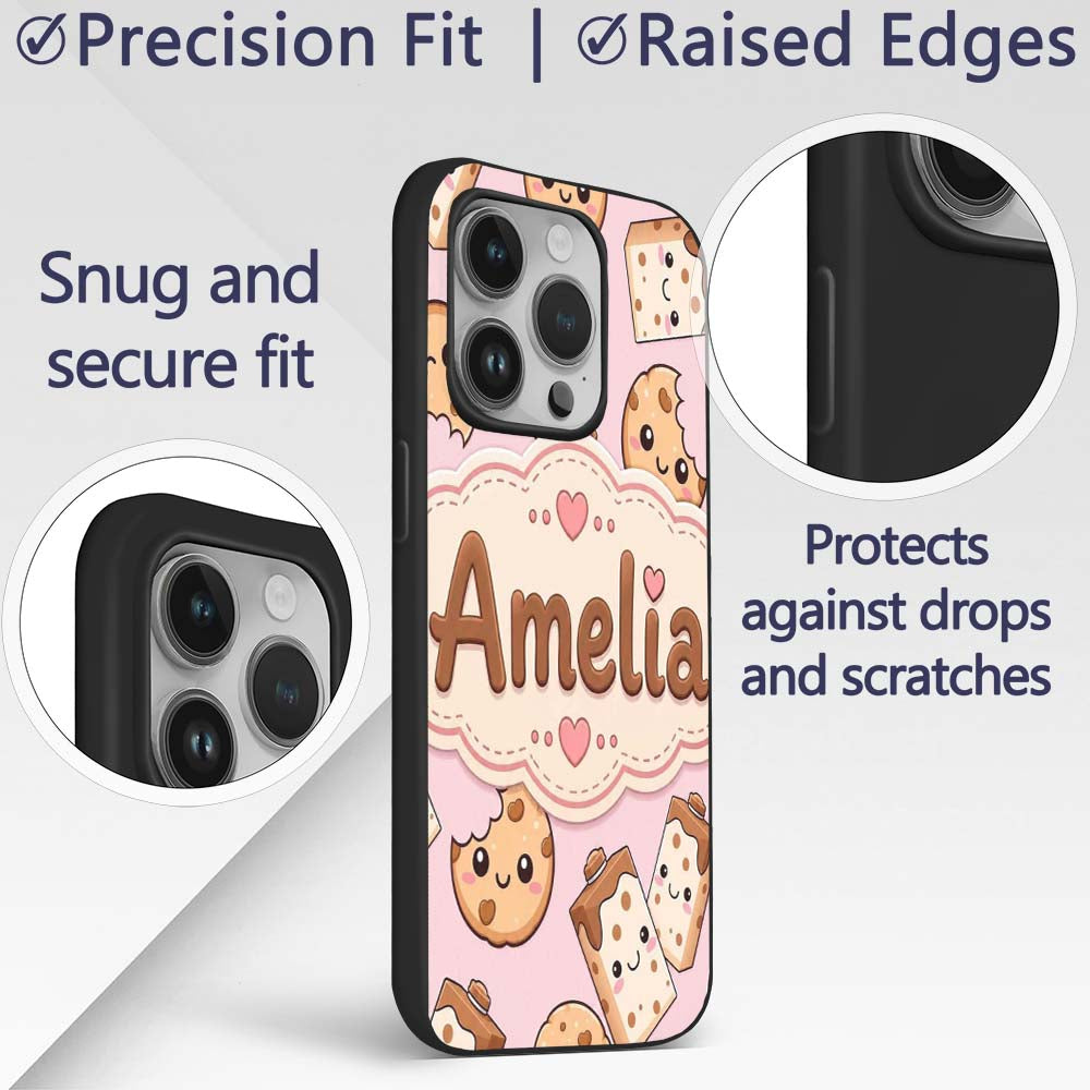 Cute Kawaii Cookies and Milk Cartons on Pink Custom Name Protective Phone Case Mobile Cover Durable Everyday Smartphone Shock Resistant