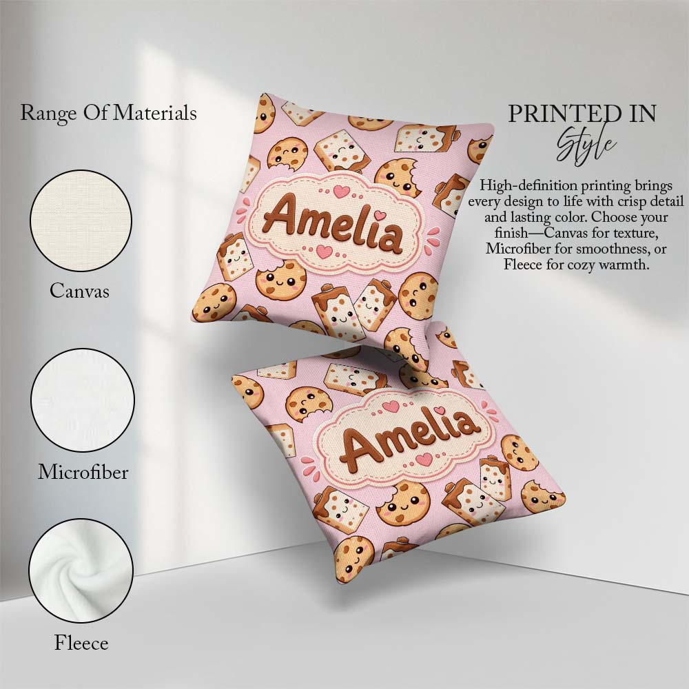 Custom Name Cookies and Milk Cartons on Pink Background Seamless Square Filled Cushion Throw Pillow Sofa Bed Home Decor Zip Washable UK Made