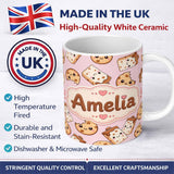 Personalized Custom Name Cute Kawaii Cookies and Milk Cartons on Pink Background Seamless 11oz Ceramic Coffee Tea Mug White Large Handle