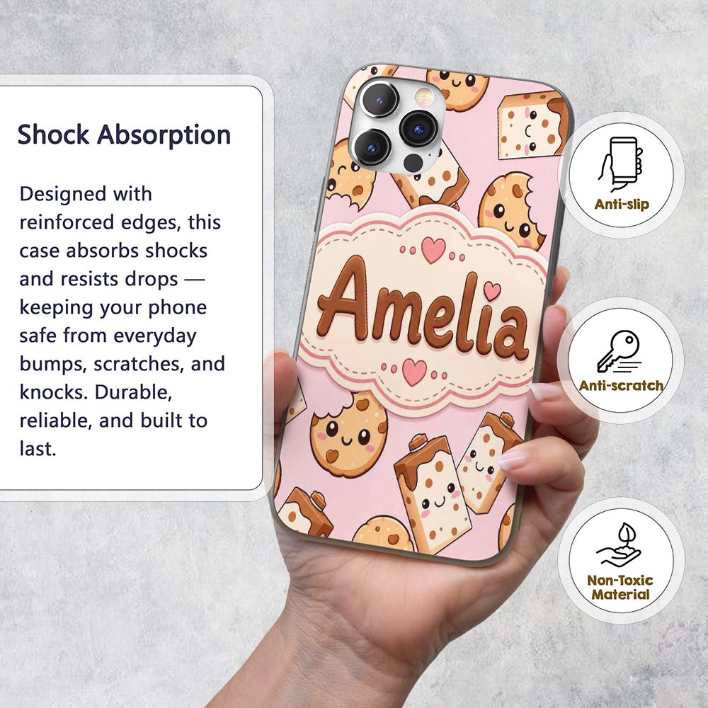 Cute Kawaii Cookies and Milk Cartons on Pink Custom Name Protective Phone Case Mobile Cover Durable Everyday Smartphone Shock Resistant