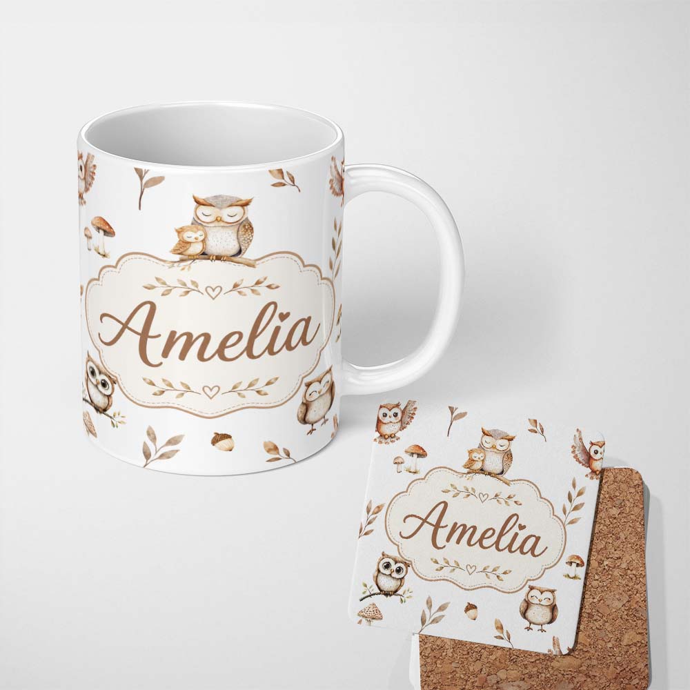 Personalized Custom Name Cute Woodland Owls Mushrooms and Leaves Light Grey Background Lovely 11oz Ceramic Coffee Tea Mug White Large Handle