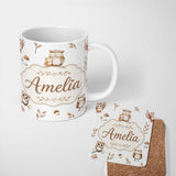 Personalized Custom Name Cute Woodland Owls Mushrooms and Leaves Light Grey Background Lovely 11oz Ceramic Coffee Tea Mug White Large Handle