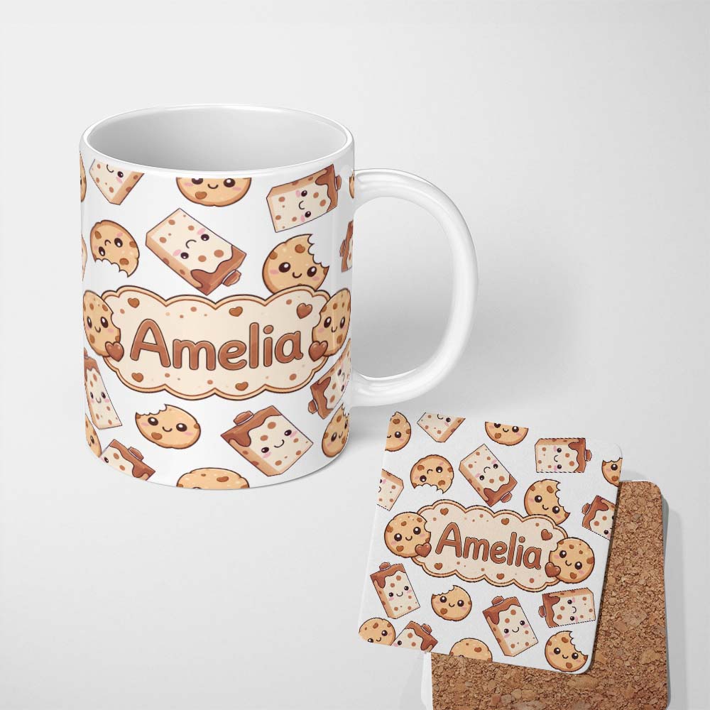 Personalized Custom Name Cute Kawaii Cookies and Milk Cartons on White Background Seamless 11oz Ceramic Coffee Tea Mug White Large Handle