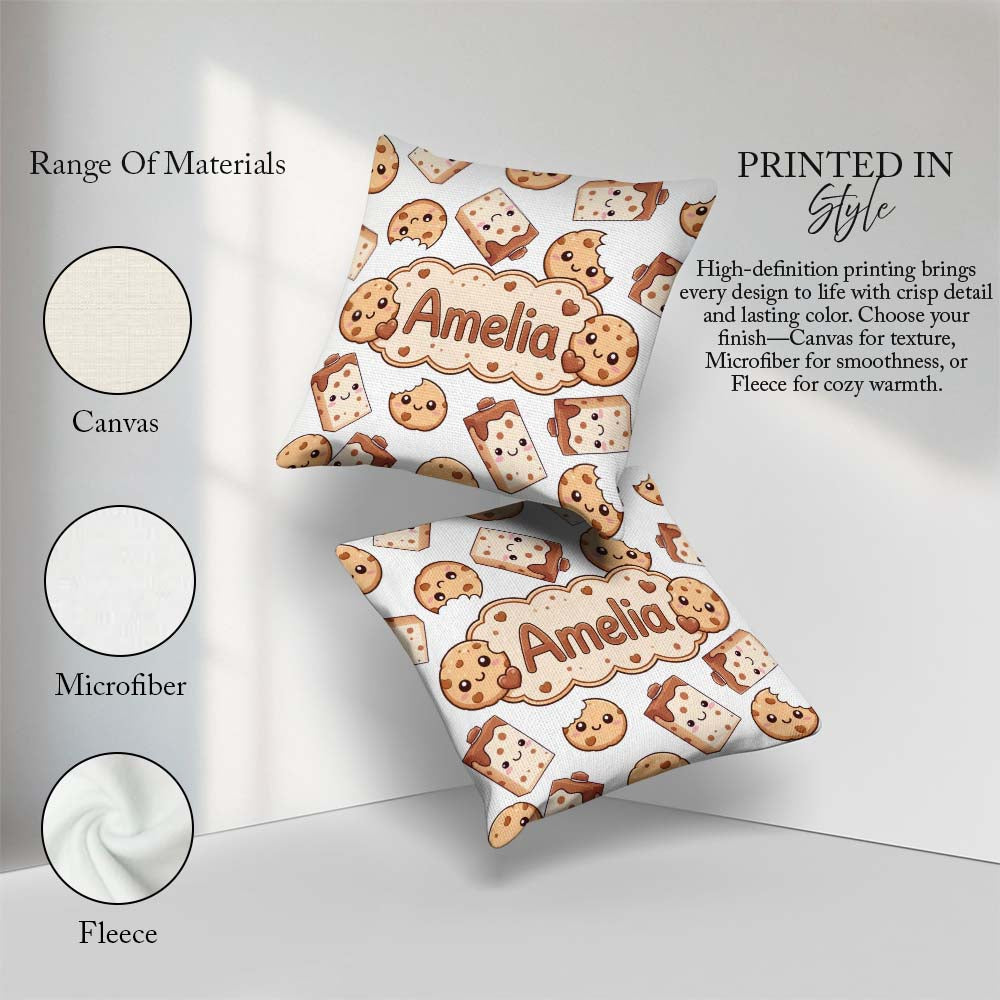 Custom Name Kawaii Cookies and Milk on White Background Seamless Square Filled Cushion Throw Pillow Sofa Bed Home Decor Zip Washable UK Made