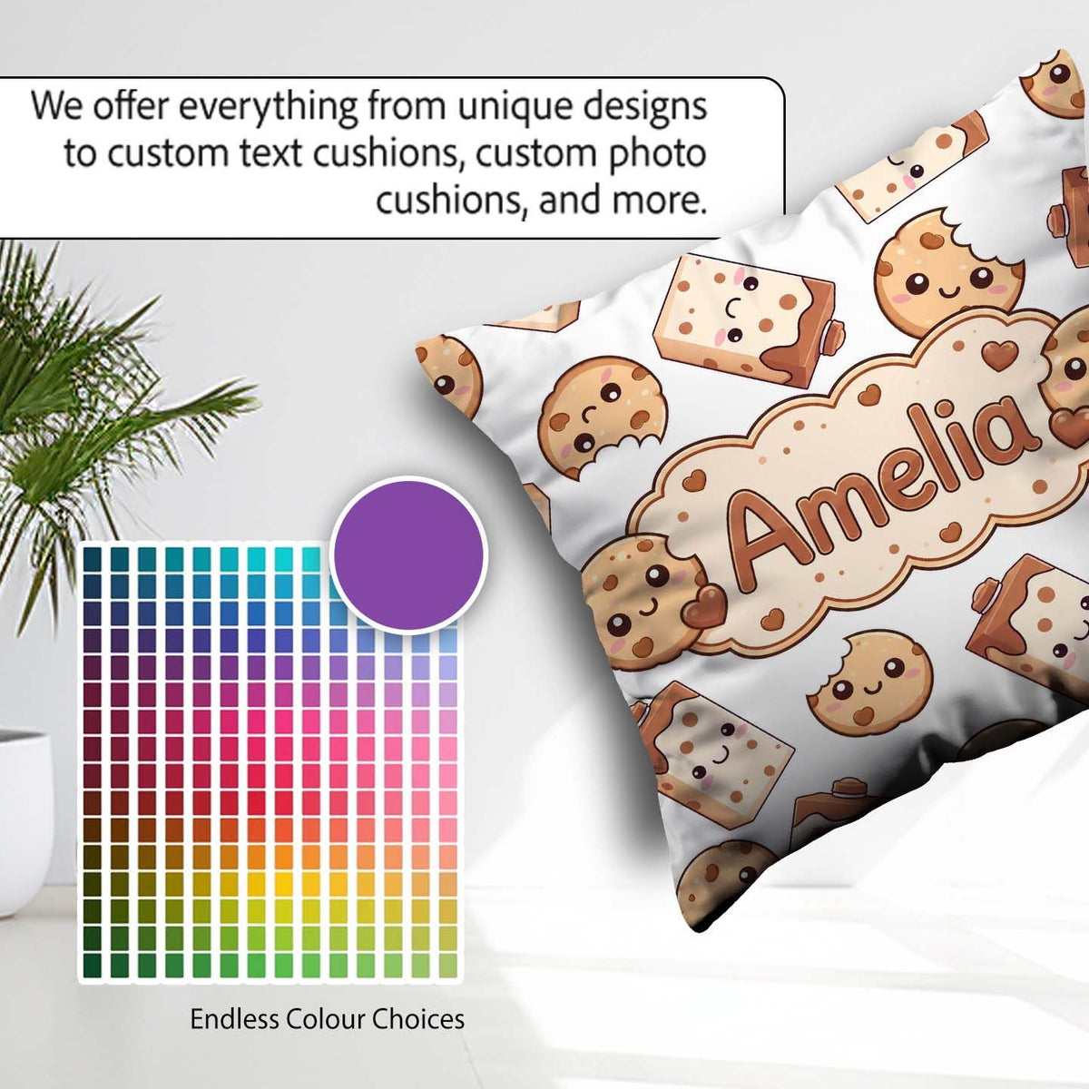 Custom Name Kawaii Cookies and Milk on White Background Seamless Square Filled Cushion Throw Pillow Sofa Bed Home Decor Zip Washable UK Made