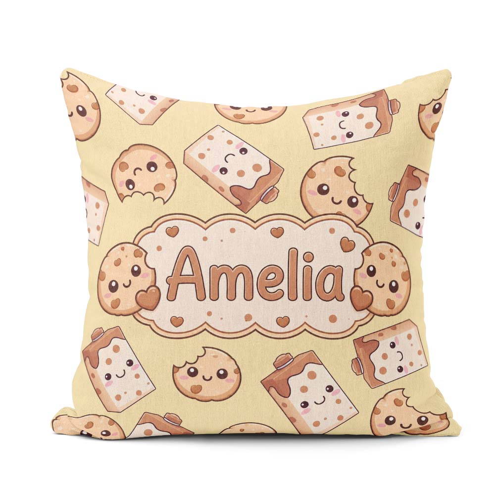 Custom Name Kawaii Cookies and Milk on Beige Background Seamless Square Filled Cushion Throw Pillow Sofa Bed Home Decor Zip Washable UK Made