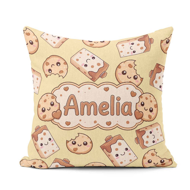 Custom Name Kawaii Cookies and Milk on Beige Background Seamless Square Filled Cushion Throw Pillow Sofa Bed Home Decor Zip Washable UK Made