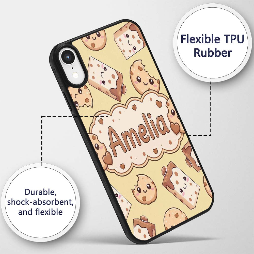 Cute Kawaii Cookies and Milk Cartons on Beige Custom Name Protective Phone Case Mobile Cover Durable Everyday Smartphone Shock Resistant