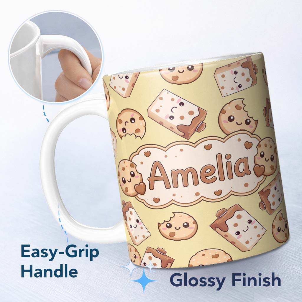 Personalized Custom Name Cute Kawaii Cookies and Milk Cartons on Beige Background Seamless 11oz Ceramic Coffee Tea Mug White Large Handle