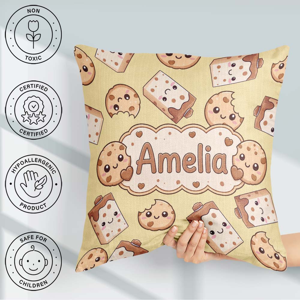 Custom Name Kawaii Cookies and Milk on Beige Background Seamless Square Filled Cushion Throw Pillow Sofa Bed Home Decor Zip Washable UK Made