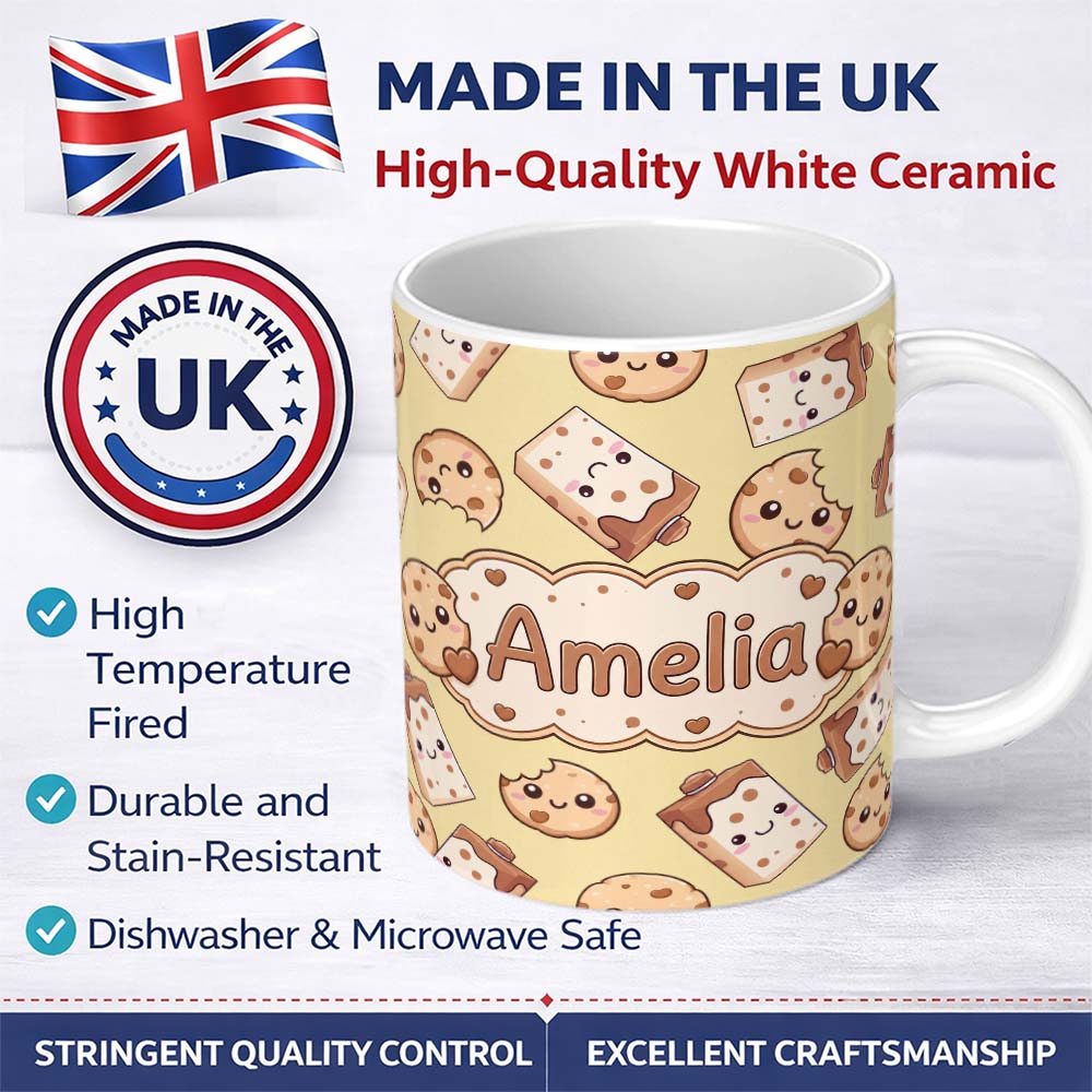 Personalized Custom Name Cute Kawaii Cookies and Milk Cartons on Beige Background Seamless 11oz Ceramic Coffee Tea Mug White Large Handle
