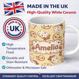 Personalized Custom Name Cute Kawaii Cookies and Milk Cartons on Beige Background Seamless 11oz Ceramic Coffee Tea Mug White Large Handle
