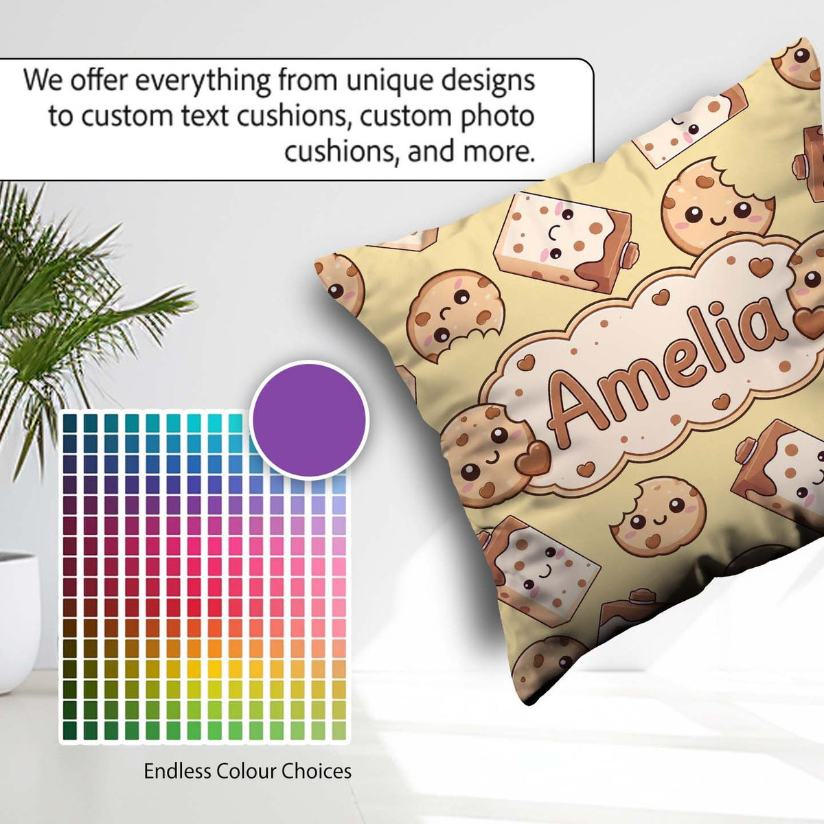 Custom Name Kawaii Cookies and Milk on Beige Background Seamless Square Filled Cushion Throw Pillow Sofa Bed Home Decor Zip Washable UK Made
