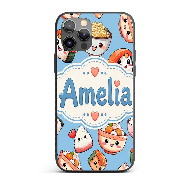 Cute Kawaii Sushi Rice Bowls and Noodles on Blue Custom Name Protective Phone Case Mobile Cover Durable Everyday Smartphone Shock Resistant