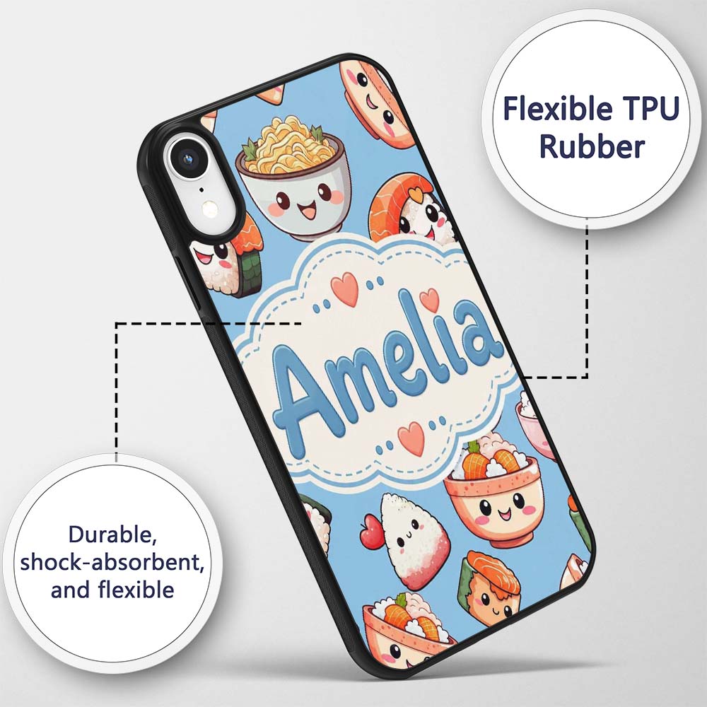 Cute Kawaii Sushi Rice Bowls and Noodles on Blue Custom Name Protective Phone Case Mobile Cover Durable Everyday Smartphone Shock Resistant