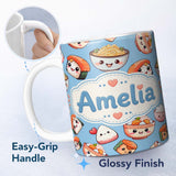 Personalized Custom Name Cute Kawaii Sushi Rice Bowls and Noodles on Blue Background 11oz Ceramic Coffee Tea Mug White Large Handle