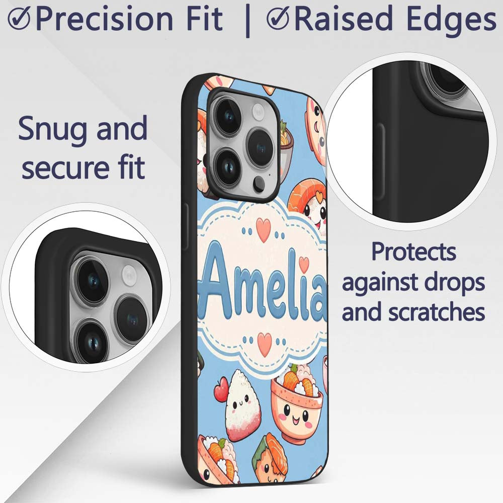 Cute Kawaii Sushi Rice Bowls and Noodles on Blue Custom Name Protective Phone Case Mobile Cover Durable Everyday Smartphone Shock Resistant