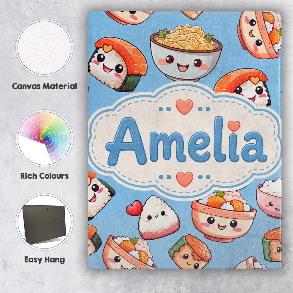 Personalised Name Cute Kawaii Sushi Rice Custom  Unique Gift Idea Elegant Feature Canvas Wall Art Print Decor Picture Ready to Hang