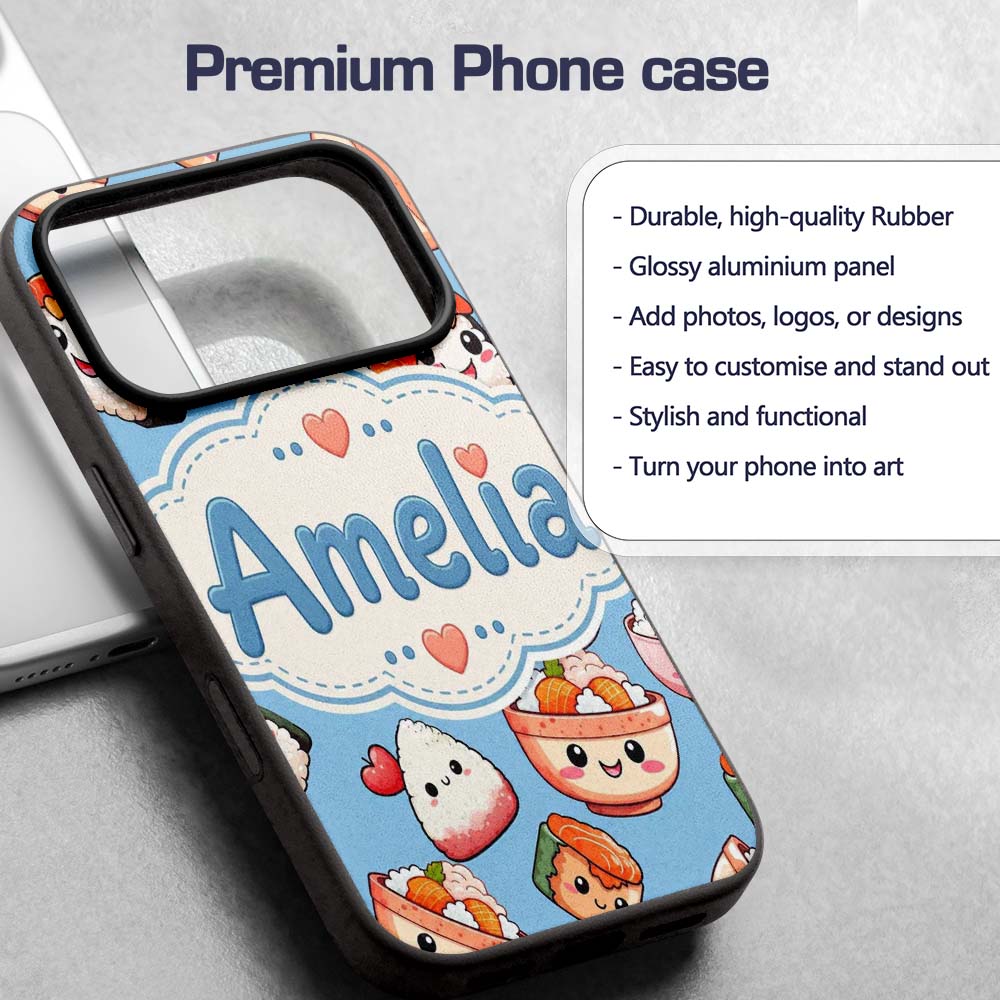 Cute Kawaii Sushi Rice Bowls and Noodles on Blue Custom Name Protective Phone Case Mobile Cover Durable Everyday Smartphone Shock Resistant