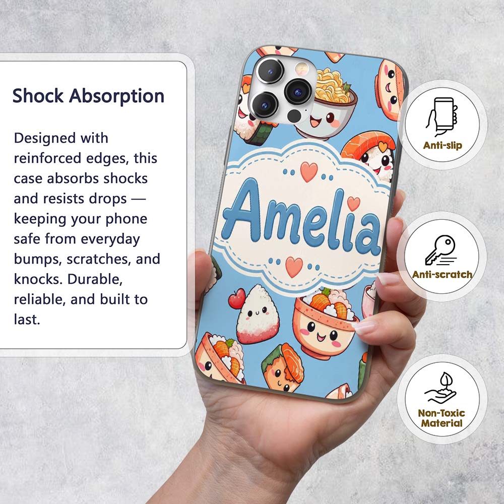 Cute Kawaii Sushi Rice Bowls and Noodles on Blue Custom Name Protective Phone Case Mobile Cover Durable Everyday Smartphone Shock Resistant