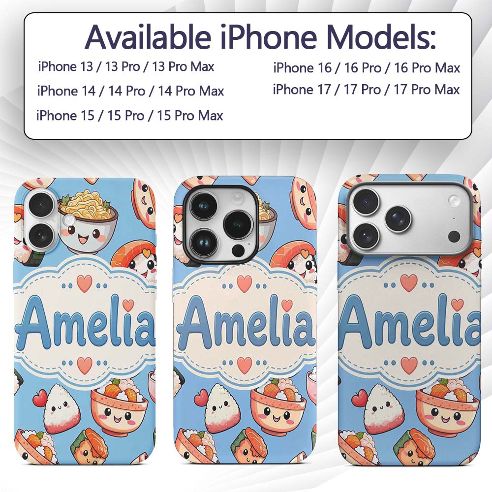 Cute Kawaii Sushi Rice Bowls and Noodles on Blue Custom Name Protective Phone Case Mobile Cover Durable Everyday Smartphone Shock Resistant