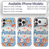 Cute Kawaii Sushi Rice Bowls and Noodles on Blue Custom Name Protective Phone Case Mobile Cover Durable Everyday Smartphone Shock Resistant