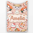 Cute Kawaii Sushi Rice Bowls and Noodles on Peach Background  Personalised Custom Name Super Soft Fleece Blanket Bed Sofa Throw