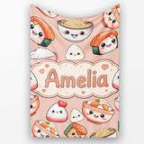 Cute Kawaii Sushi Rice Bowls and Noodles on Peach Background  Personalised Custom Name Super Soft Fleece Blanket Bed Sofa Throw
