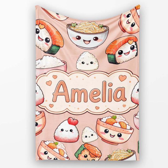 Cute Kawaii Sushi Rice Bowls and Noodles on Peach Background  Personalised Custom Name Super Soft Fleece Blanket Bed Sofa Throw