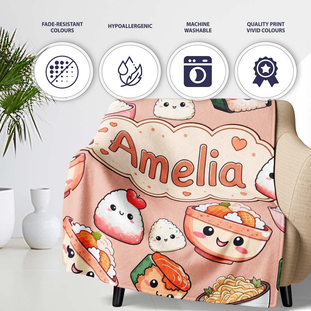 Cute Kawaii Sushi Rice Bowls and Noodles on Peach Background  Personalised Custom Name Super Soft Fleece Blanket Bed Sofa Throw