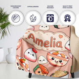 Cute Kawaii Sushi Rice Bowls and Noodles on Peach Background  Personalised Custom Name Super Soft Fleece Blanket Bed Sofa Throw