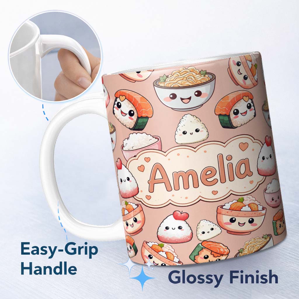 Personalized Custom Name Cute Kawaii Sushi Rice Bowls and Noodles on Peach Background 11oz Ceramic Coffee Tea Mug White Large Handle
