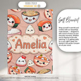 Cute Kawaii Sushi Rice Bowls and Noodles on Peach Background  Personalised Custom Name Super Soft Fleece Blanket Bed Sofa Throw