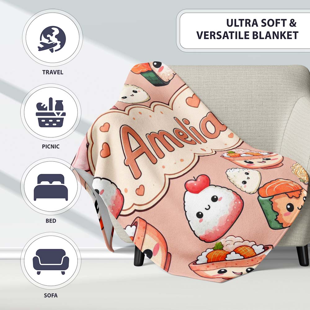 Cute Kawaii Sushi Rice Bowls and Noodles on Peach Background  Personalised Custom Name Super Soft Fleece Blanket Bed Sofa Throw