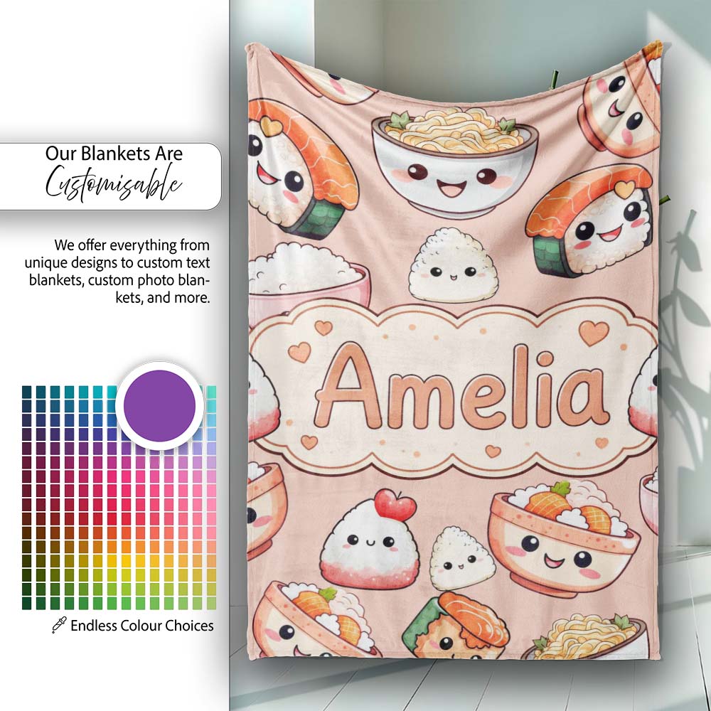 Cute Kawaii Sushi Rice Bowls and Noodles on Peach Background  Personalised Custom Name Super Soft Fleece Blanket Bed Sofa Throw
