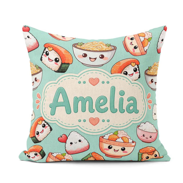 Custom Name Cute Sushi Rice Bowls and Noodles on Mint Background Square Filled Cushion Throw Pillow Sofa Bed Home Decor Zip Washable UK Made