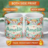 Personalized Custom Name Cute Kawaii Sushi Rice Bowls and Noodles on Mint Background 11oz Ceramic Coffee Tea Mug White Large Handle