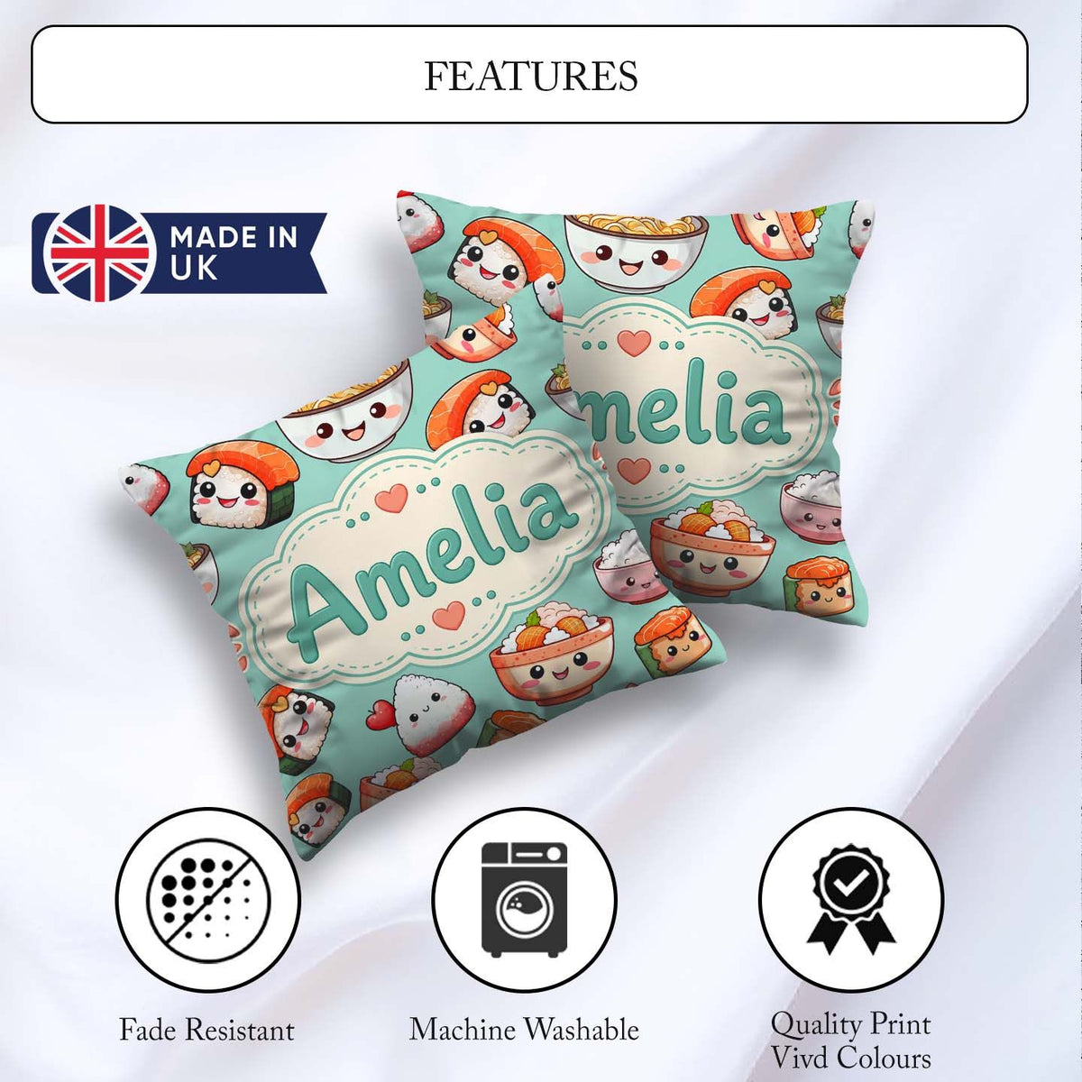 Custom Name Cute Sushi Rice Bowls and Noodles on Mint Background Square Filled Cushion Throw Pillow Sofa Bed Home Decor Zip Washable UK Made