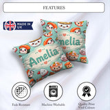 Custom Name Cute Sushi Rice Bowls and Noodles on Mint Background Square Filled Cushion Throw Pillow Sofa Bed Home Decor Zip Washable UK Made