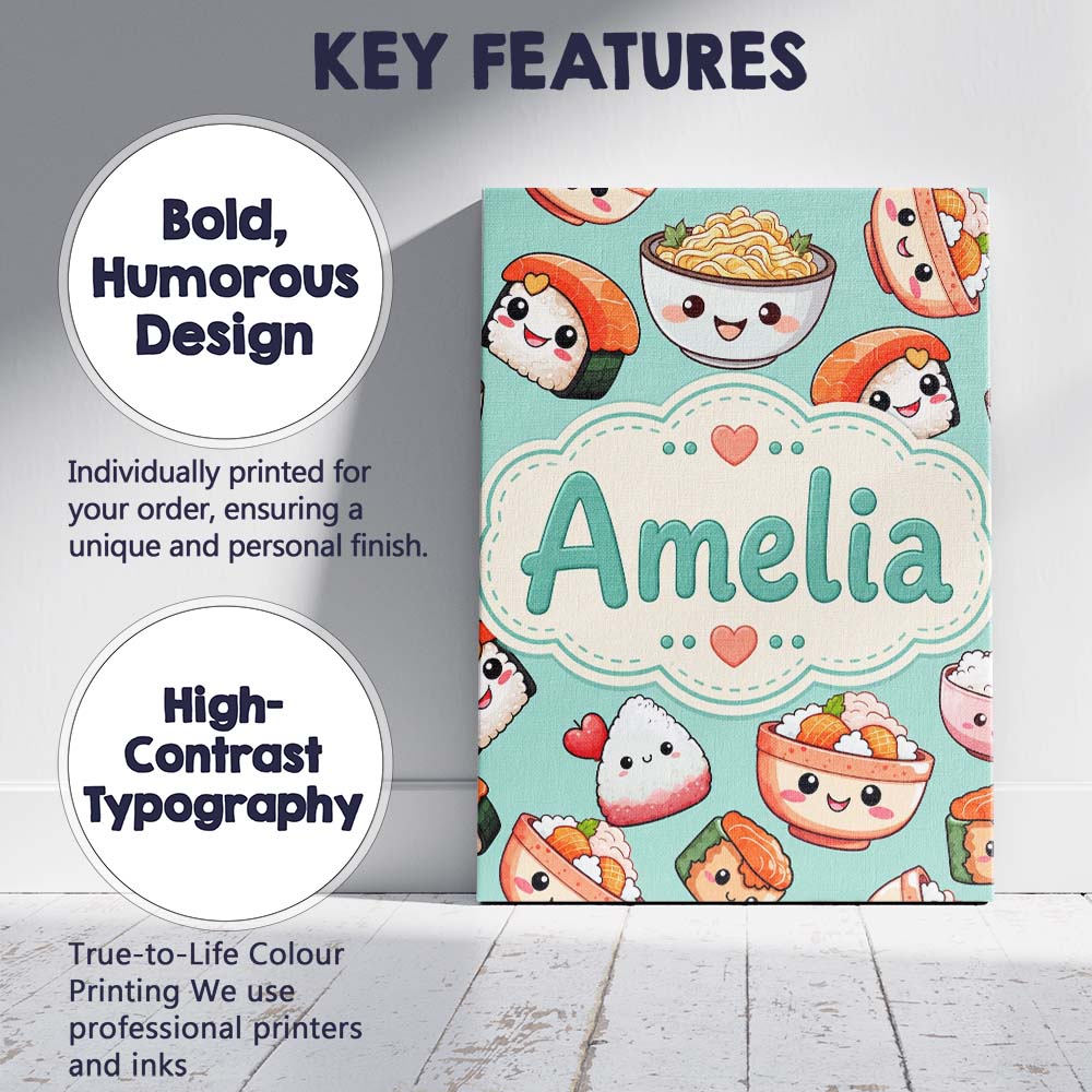 Personalised Name Cute Kawaii Sushi Rice Custom  Unique Gift Idea Elegant Feature Canvas Wall Art Print Decor Picture Ready to Hang