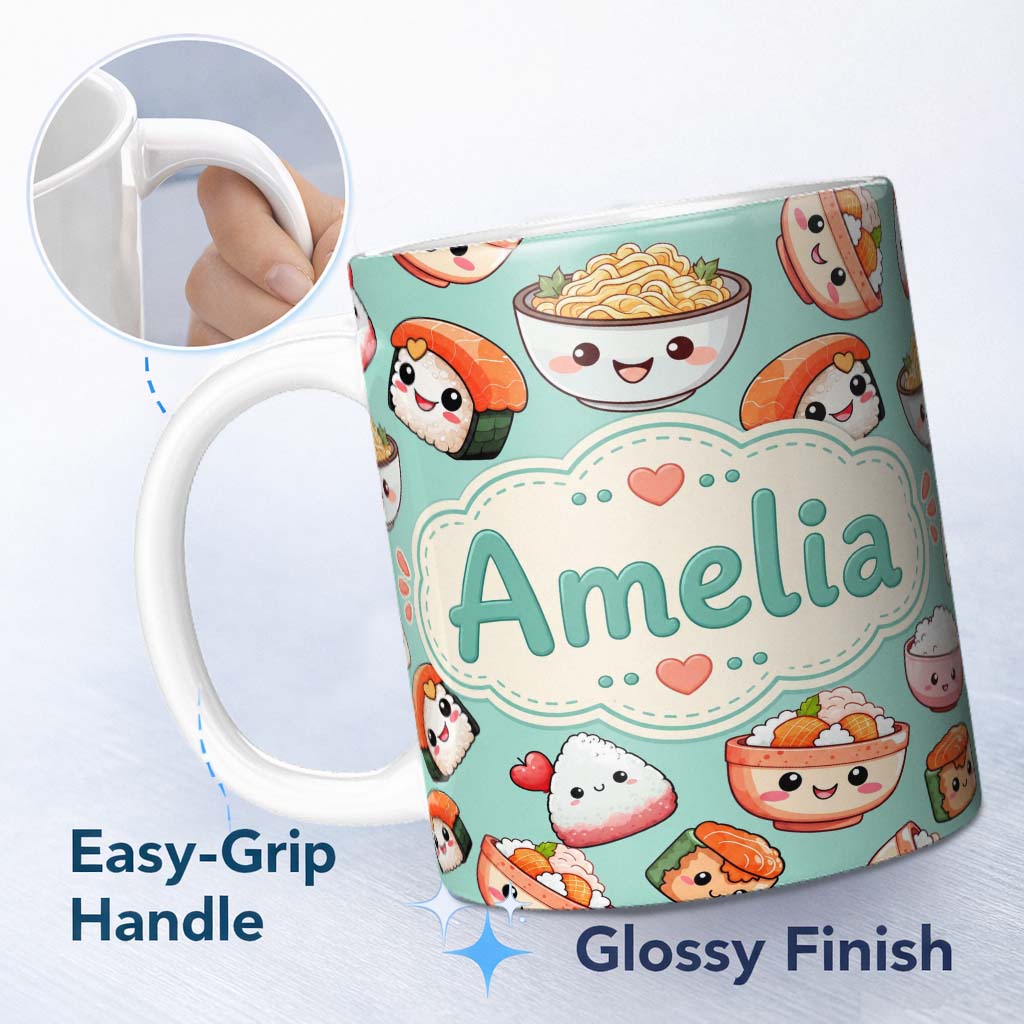 Personalized Custom Name Cute Kawaii Sushi Rice Bowls and Noodles on Mint Background 11oz Ceramic Coffee Tea Mug White Large Handle