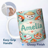 Personalized Custom Name Cute Kawaii Sushi Rice Bowls and Noodles on Mint Background 11oz Ceramic Coffee Tea Mug White Large Handle