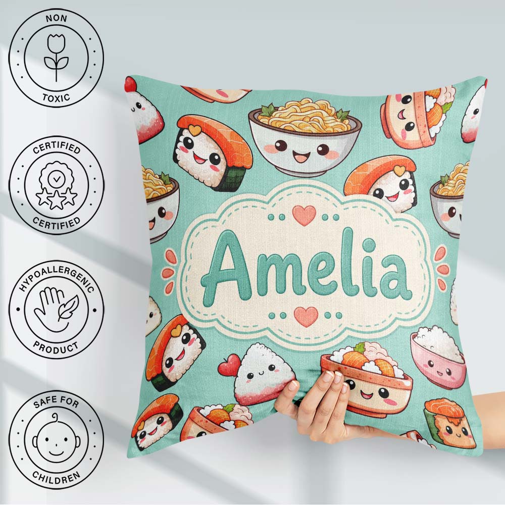 Custom Name Cute Sushi Rice Bowls and Noodles on Mint Background Square Filled Cushion Throw Pillow Sofa Bed Home Decor Zip Washable UK Made