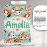 Cute Kawaii Sushi Rice Bowls and Noodles on Mint Background  Personalised Custom Name Super Soft Fleece Blanket Bed Sofa Throw