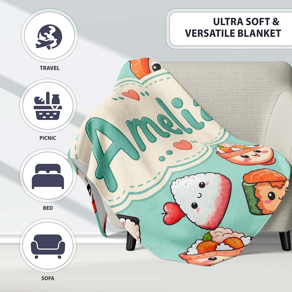 Cute Kawaii Sushi Rice Bowls and Noodles on Mint Background  Personalised Custom Name Super Soft Fleece Blanket Bed Sofa Throw